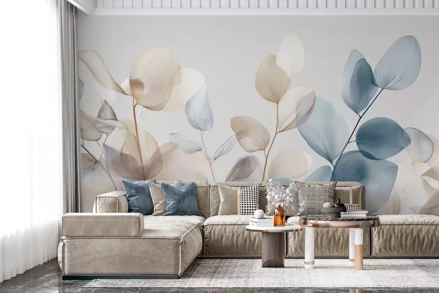 murales elegantes hojas de eucalipto con nervaduras w04503