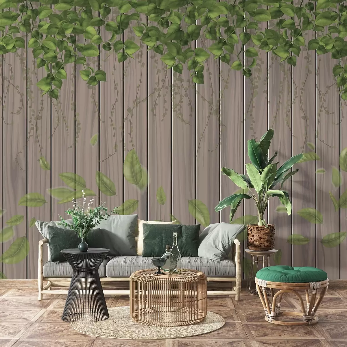 Wall Mural Photo Wallpaper Imitation wooden boards with hanging leaves w04603