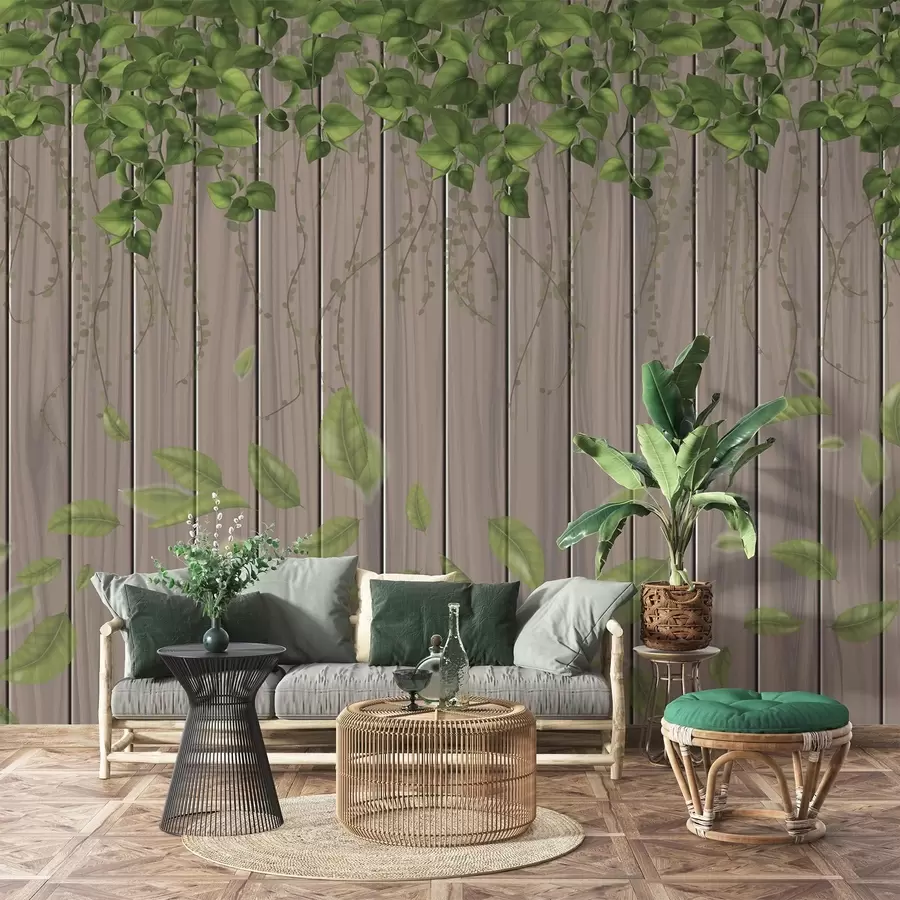 wall murals Imitation wooden boards with hanging leaves w04603