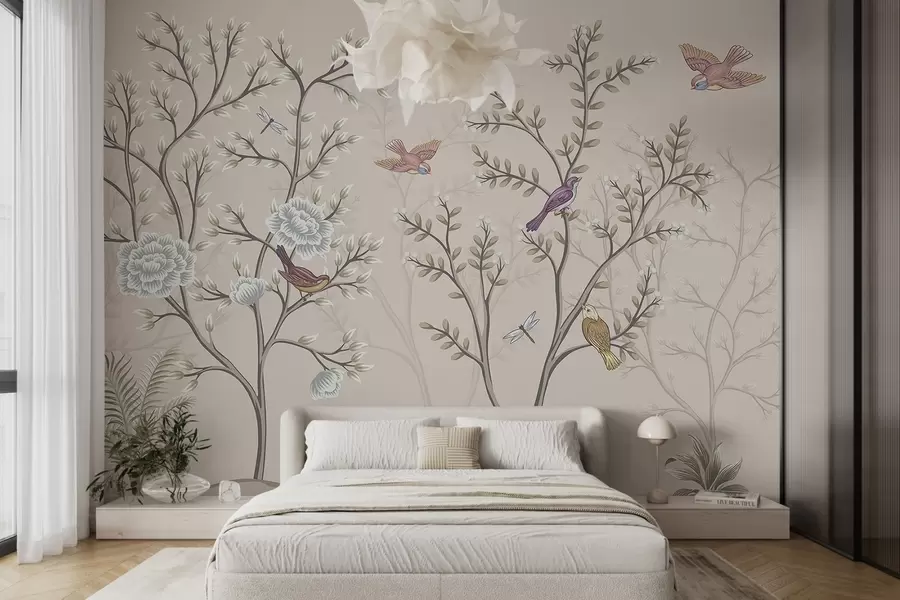 Wall Mural Photo Wallpaper Trees with birds and flowers w04605