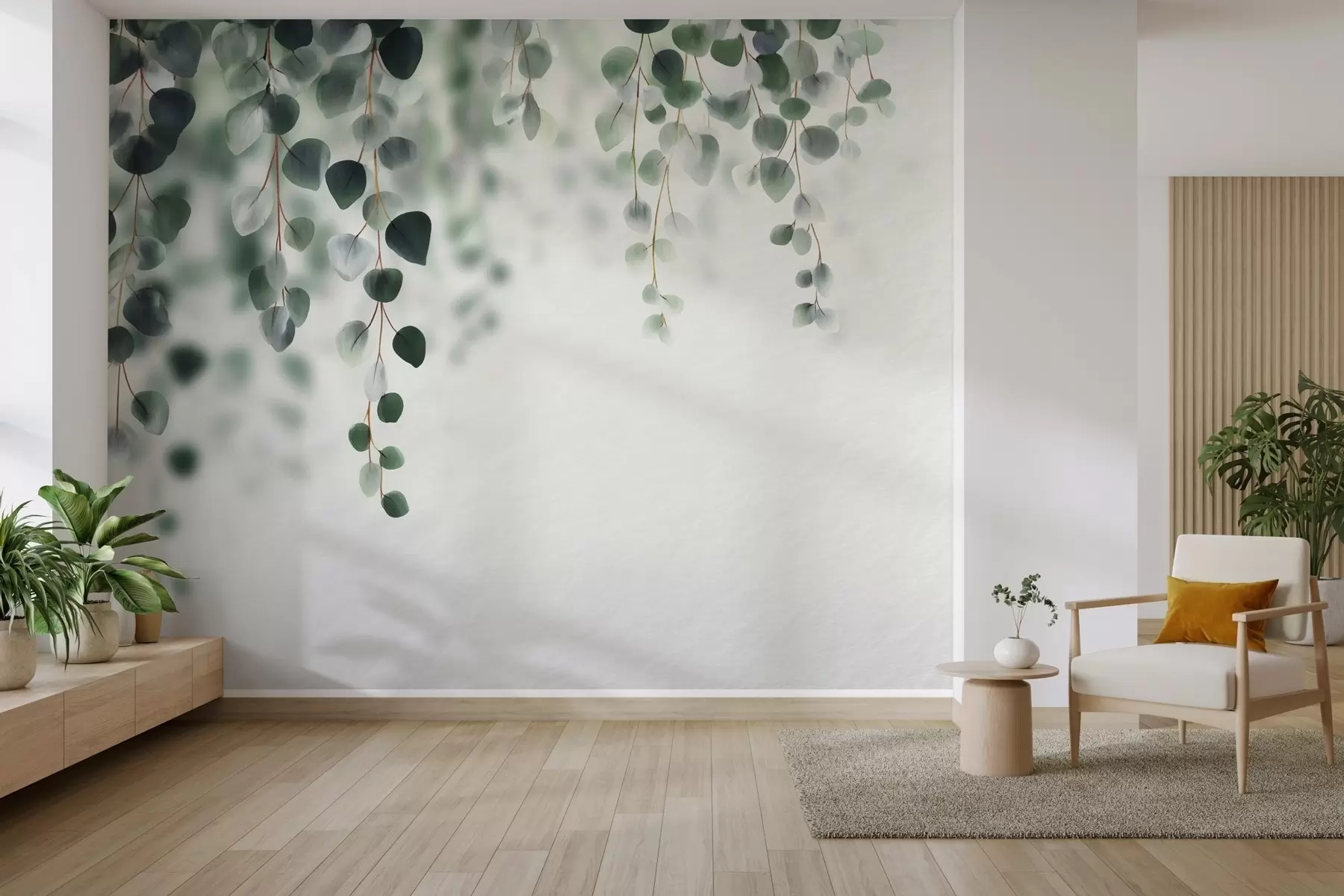 Wall Mural Photo Wallpaper Falling eucalyptus on a light background w04393