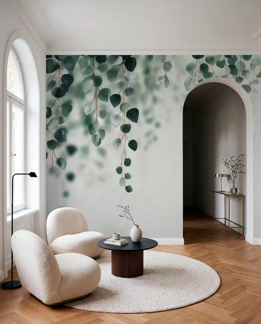 Wall Mural Photo Wallpaper Falling eucalyptus on a light background w04393