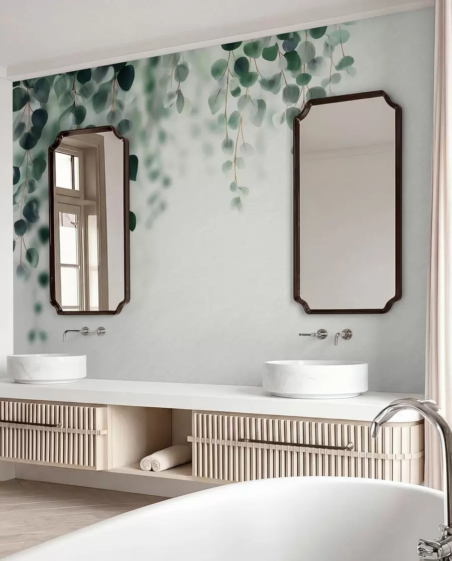 wall murals Falling eucalyptus on a light background w04393