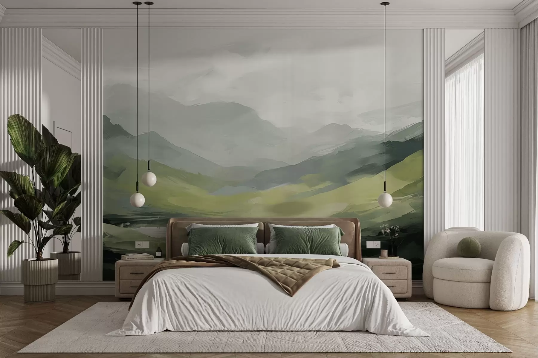 murais de parede Paisagem montanhosa abstrata em tons de verde w04447