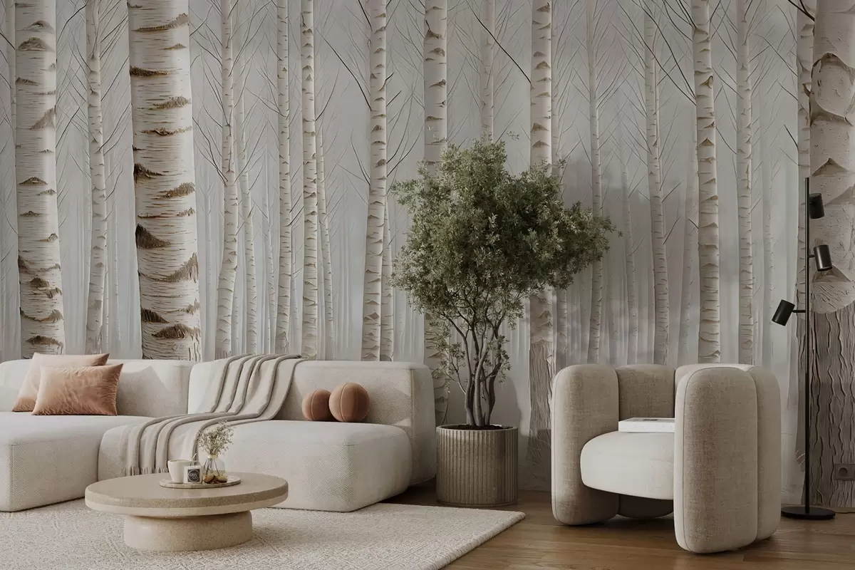 peintures murales Forêt de bouleaux dans le brouillard, minimalisme lumineux w04574