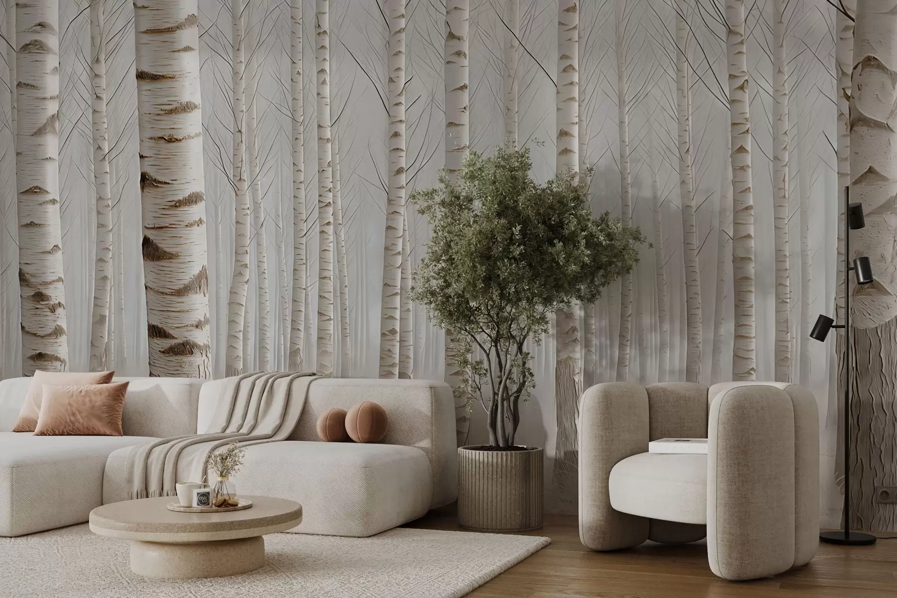 peintures murales Forêt de bouleaux dans le brouillard, minimalisme lumineux w04574