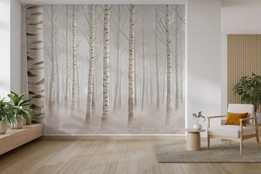 murales Bosque de abedules en la niebla, minimalismo luminoso w04574