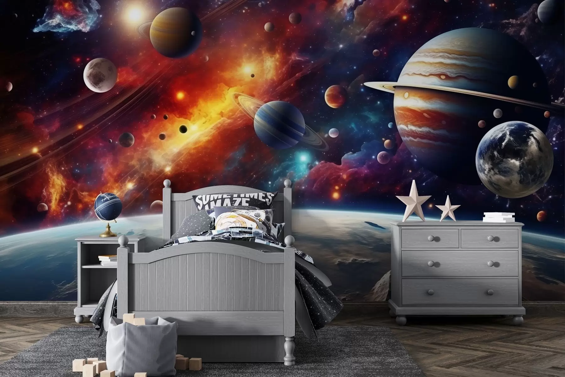 murales Cosmos colorido con planetas y nebulosas w04576