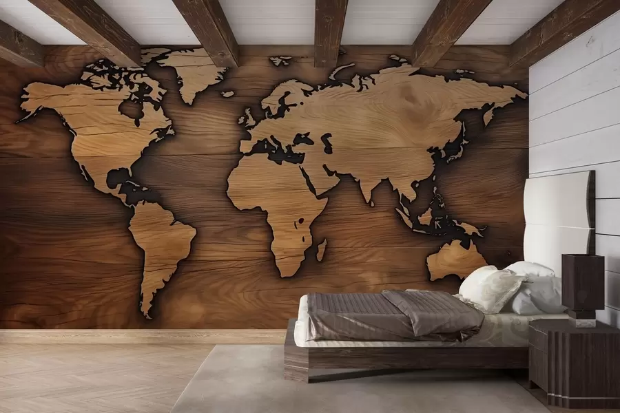 murales Mapa del mundo de madera con relieve recortado w04577