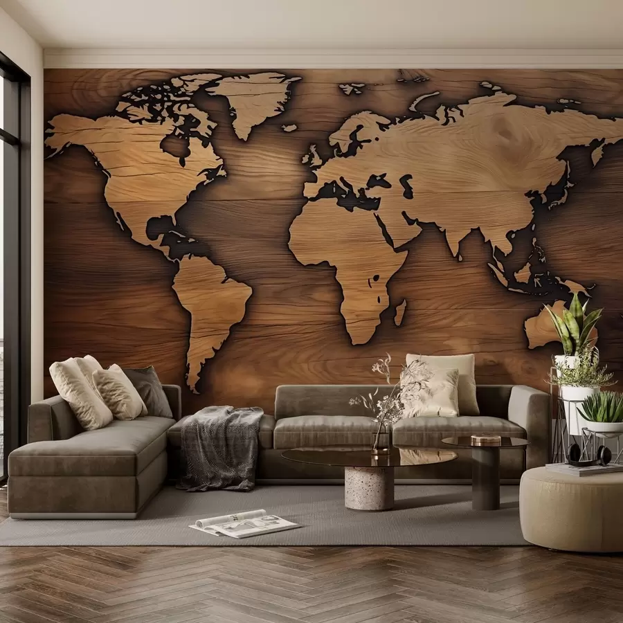 Wall Mural Photo Wallpaper Wooden world map with embossed cutout w04577