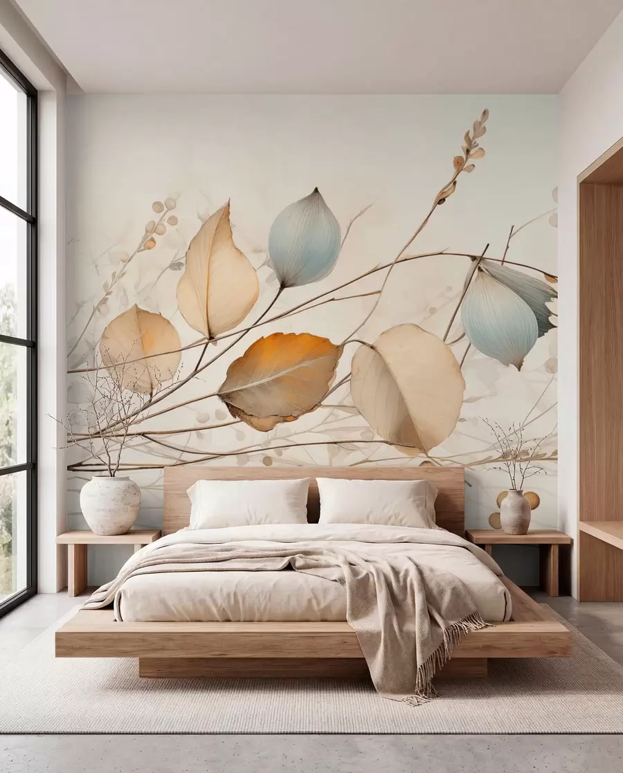 peintures murales Branches délicates avec des feuilles dans les tons beiges w04579