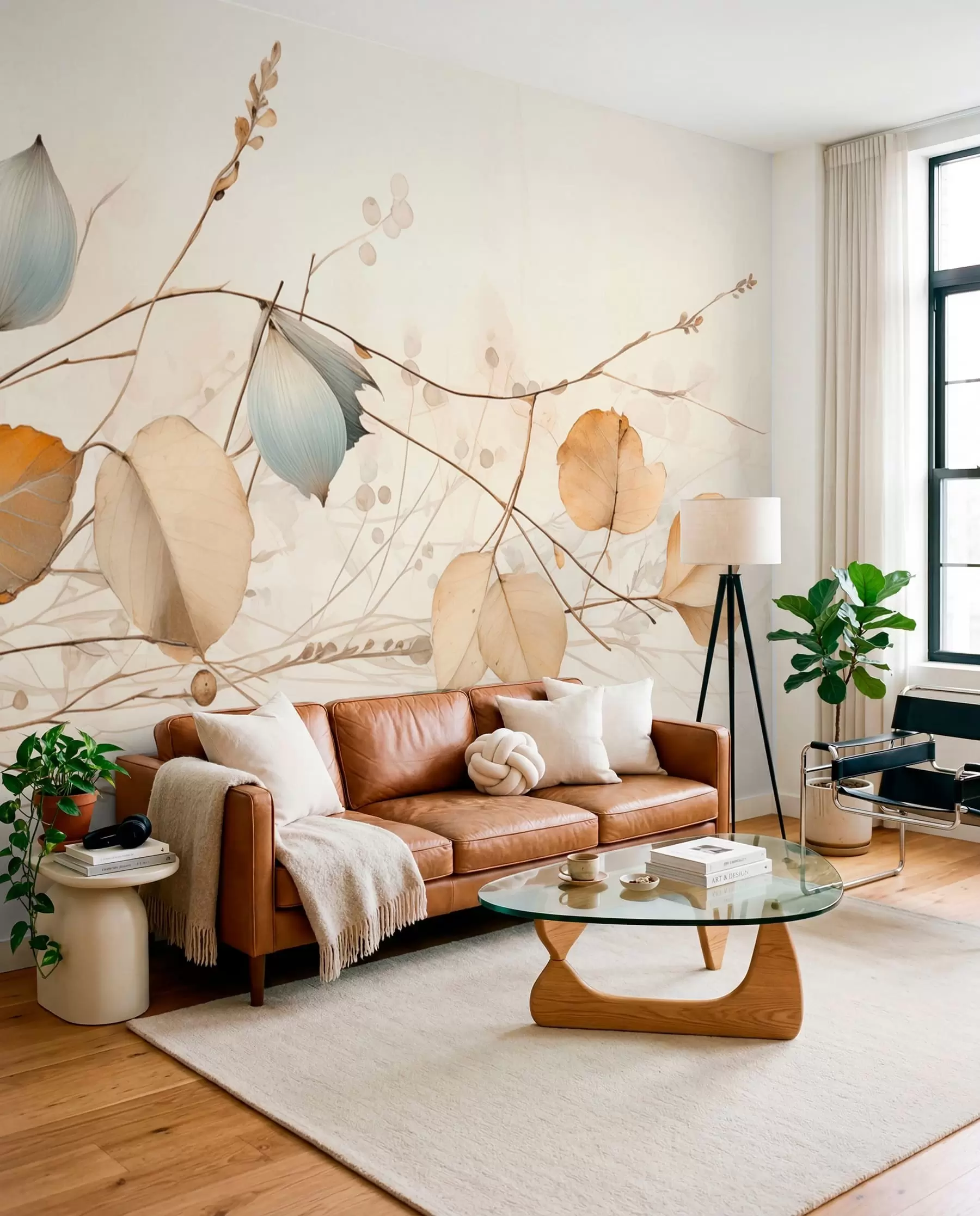 murales Ramas delicadas con hojas en tonos beige w04579