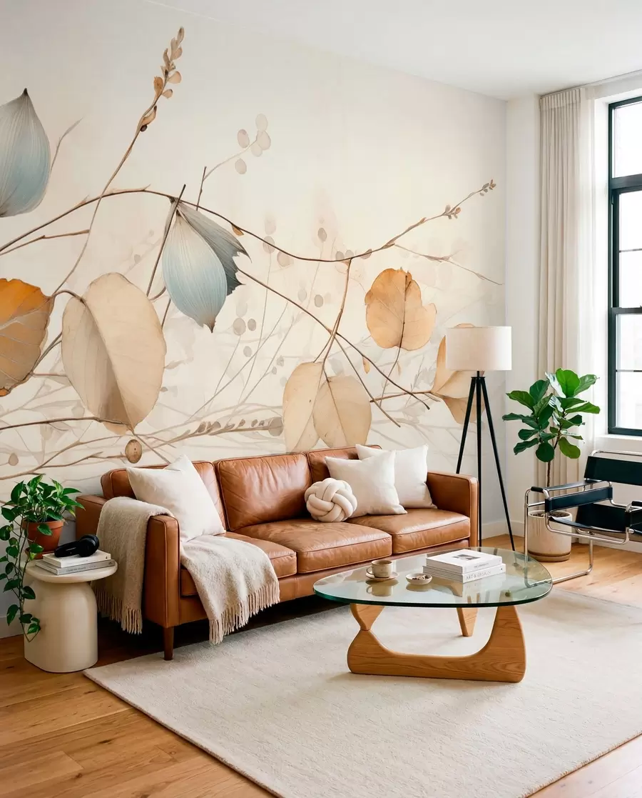 Wall Mural Photo Wallpaper Delicate branches with leaves in beige tones w04579