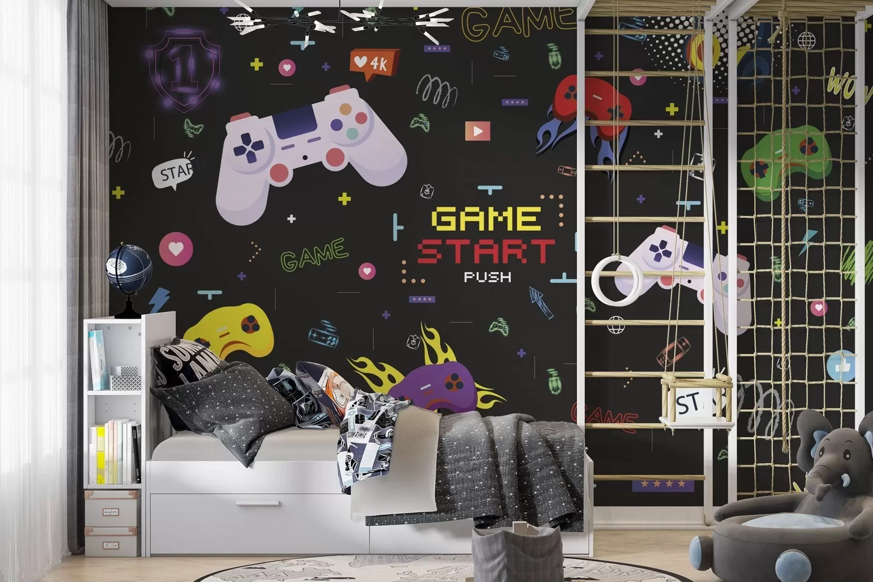 Wall Mural Photo Wallpaper Bright gamer pattern with consoles and pixelated text w04581