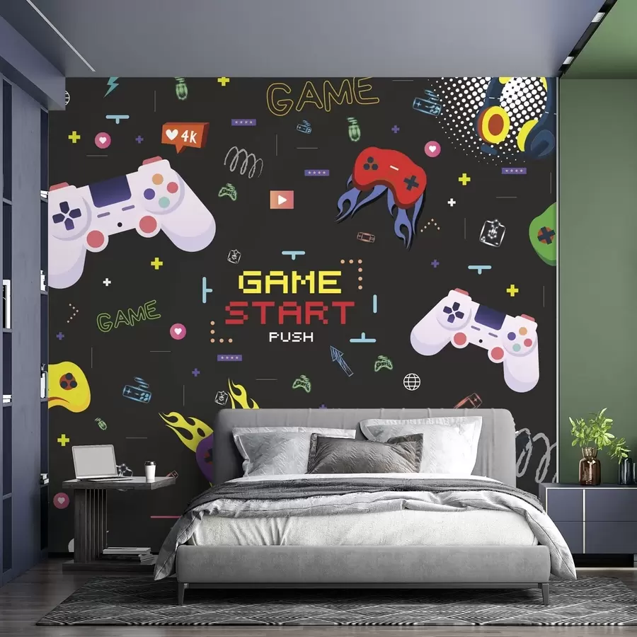 murales Diseño llamativo para gamers con consolas y texto pixelado w04581