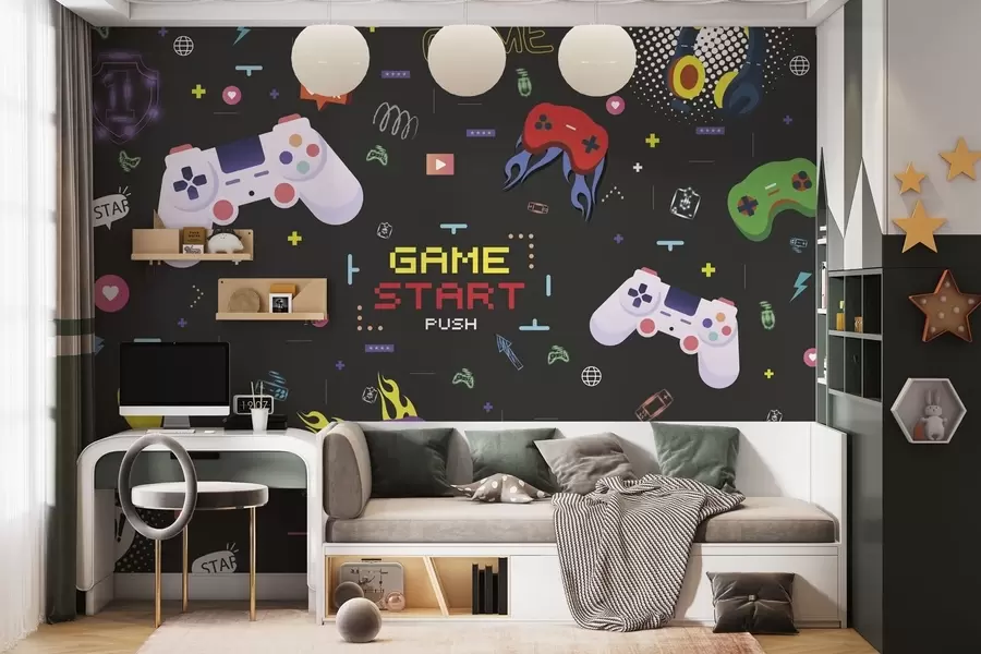 murales Diseño llamativo para gamers con consolas y texto pixelado w04581