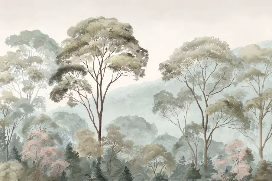 Wall Mural Photo Wallpaper Misty morning in the forest in watercolor style w09405