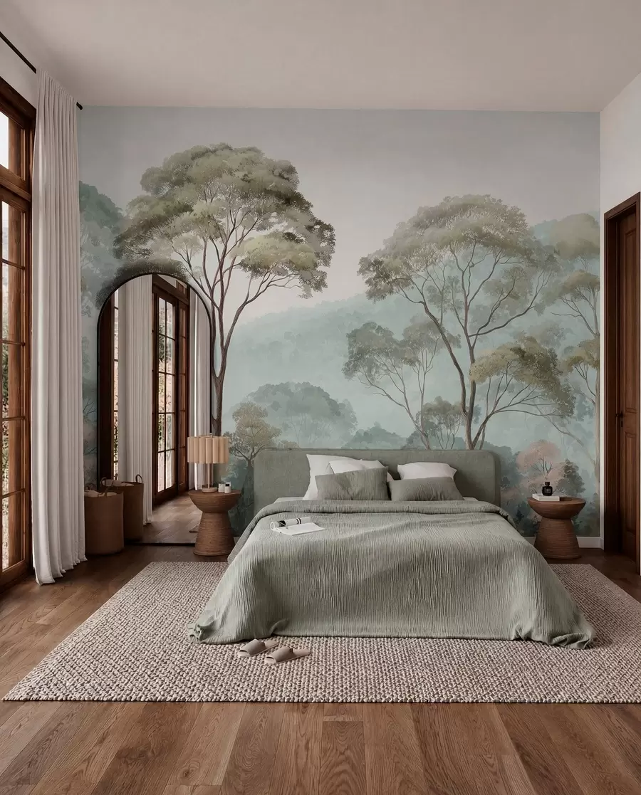 wall murals Misty morning in the forest in watercolor style w09405