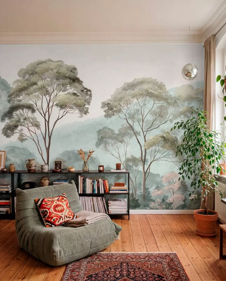 Wall Mural Photo Wallpaper Misty morning in the forest in watercolor style w09405