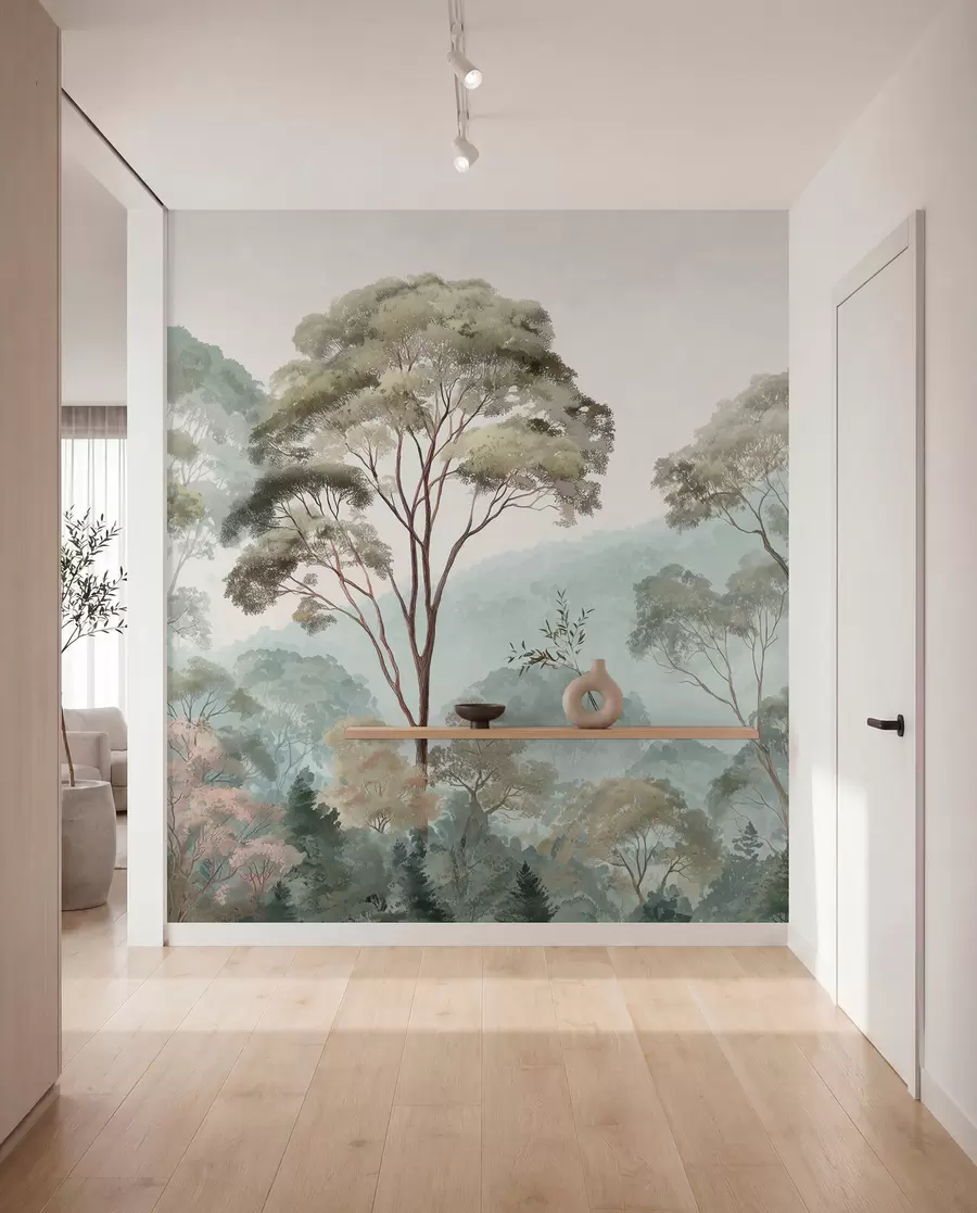 Wall Mural Photo Wallpaper Misty morning in the forest in watercolor style w09405