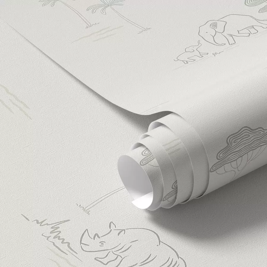 peintures murales Safari minimaliste : éléphants, rhinocéros, léopards et palmiers a00492