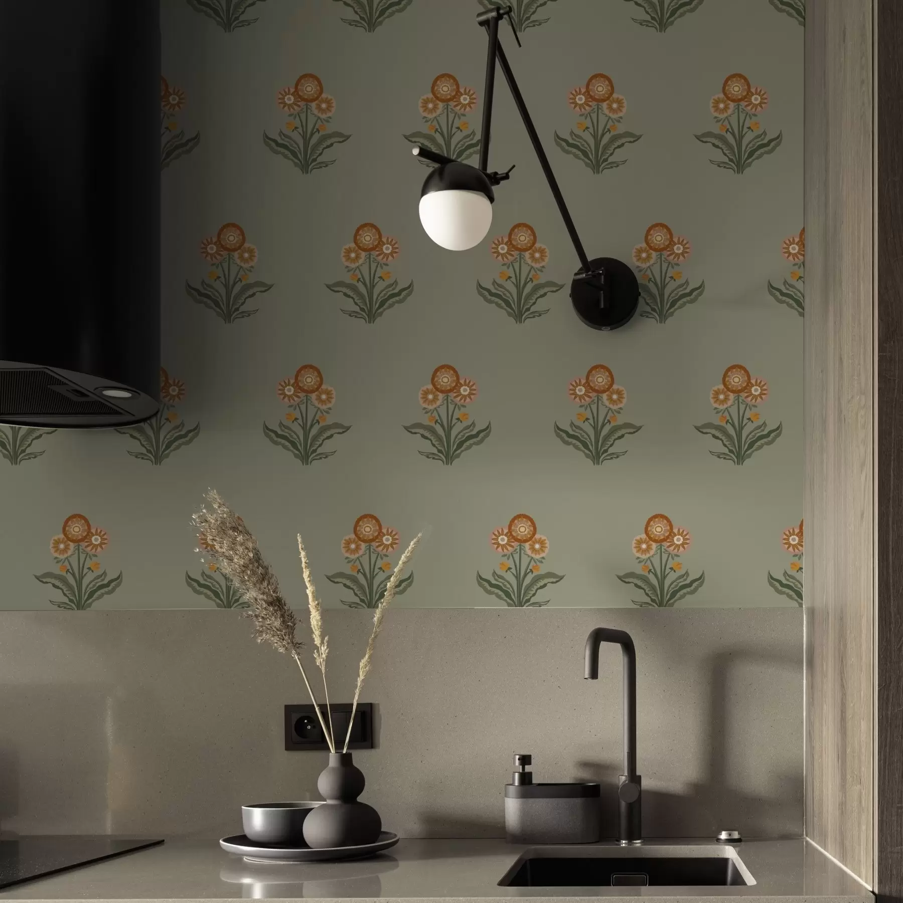 peintures murales Fleurs stylisées sur fond olive, tons chauds a00494v2