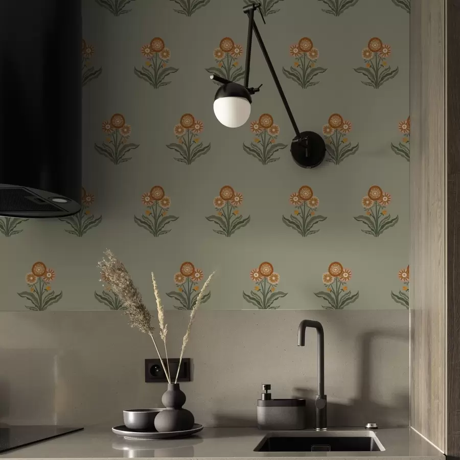 murales Flores estilizadas sobre fondo oliva, tonos cálidos a00494v2
