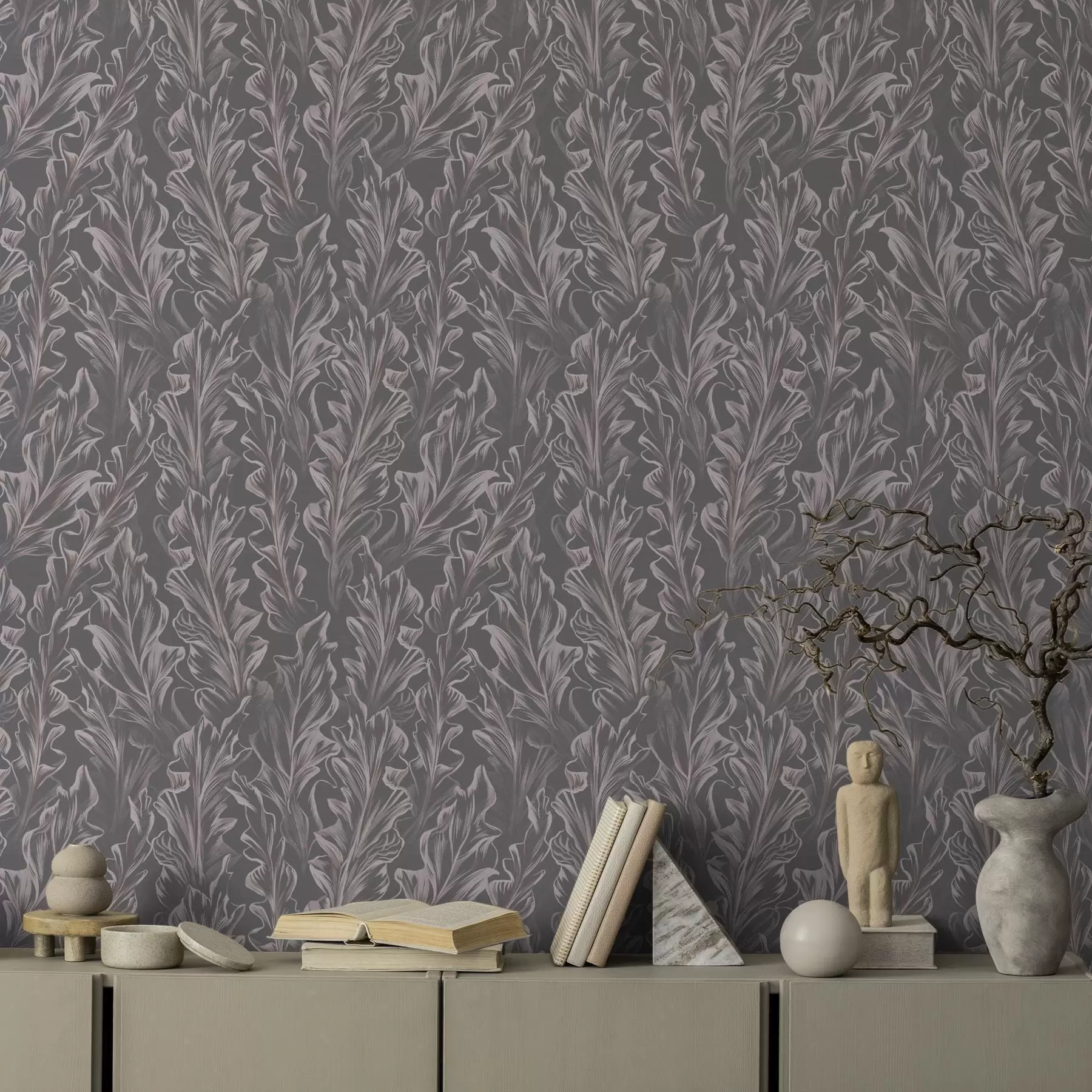 murales Ondulaciones de hojas fluidas sobre fondo grafito, alto contraste a00495v1