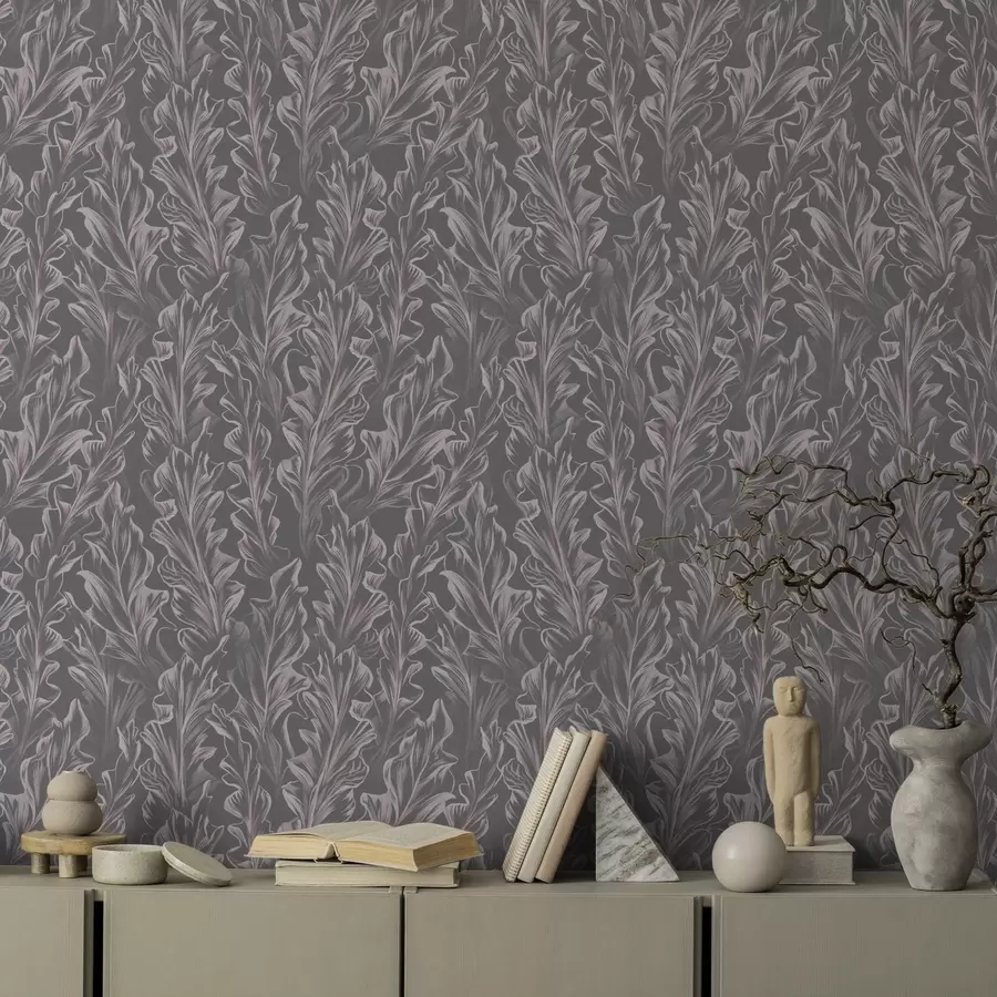 murales Ondulaciones de hojas fluidas sobre fondo grafito, alto contraste a00495v1