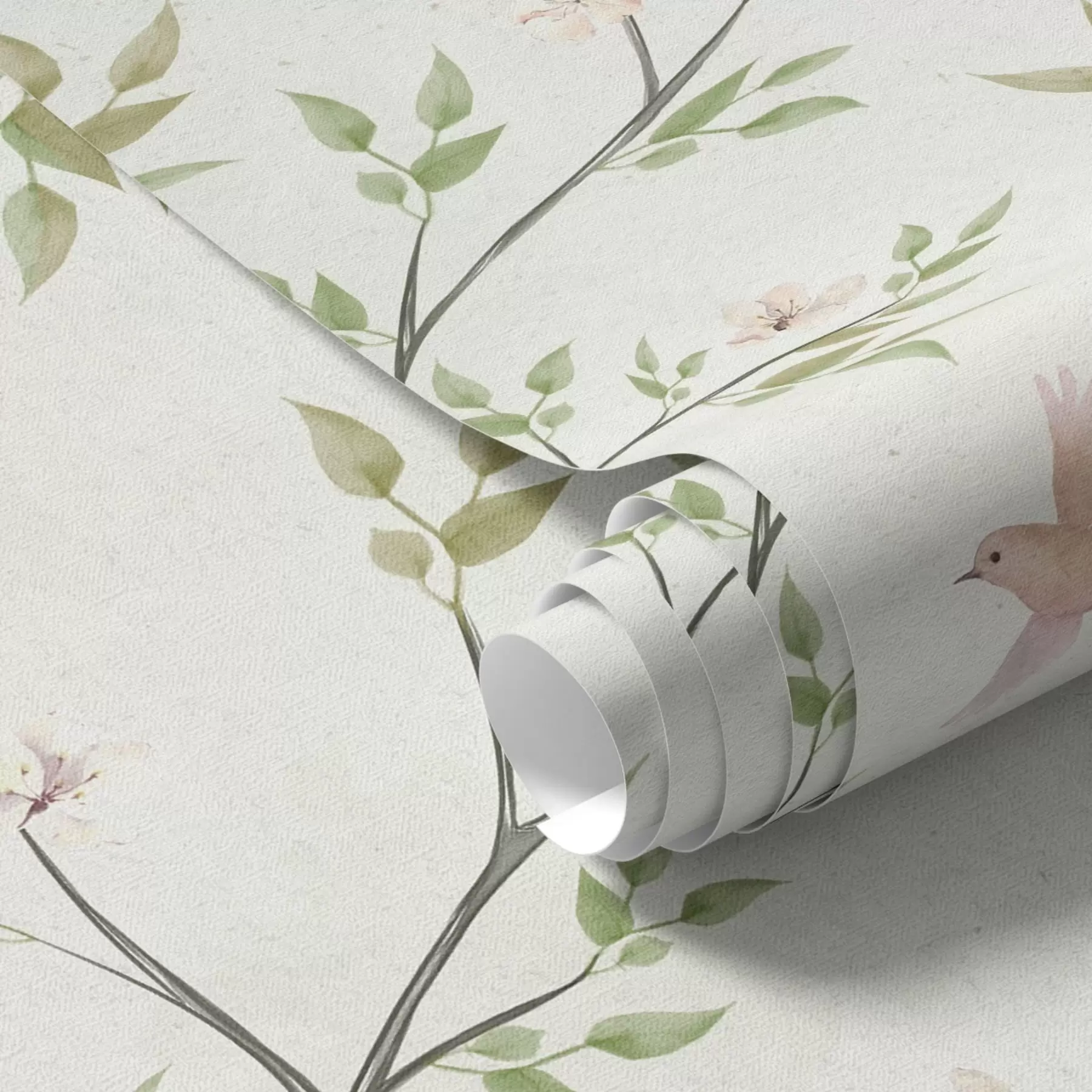 peintures murales Branches aquarellées avec feuilles et oiseaux sur fond clair a00496