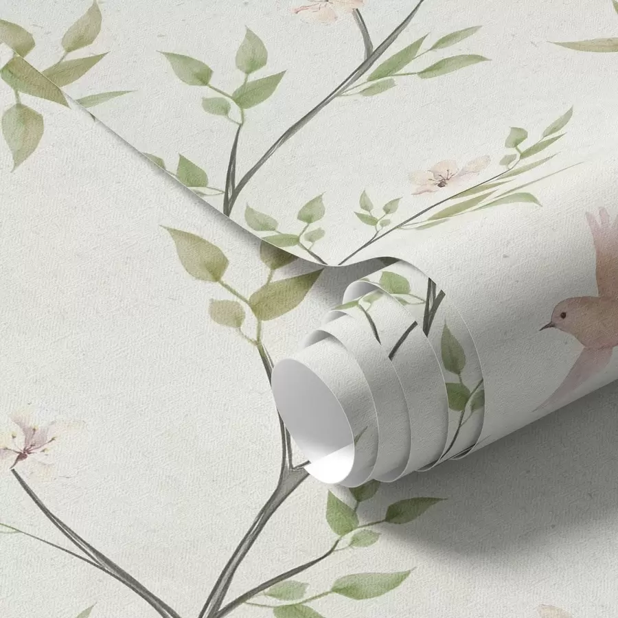 peintures murales Branches aquarellées avec feuilles et oiseaux sur fond clair a00496