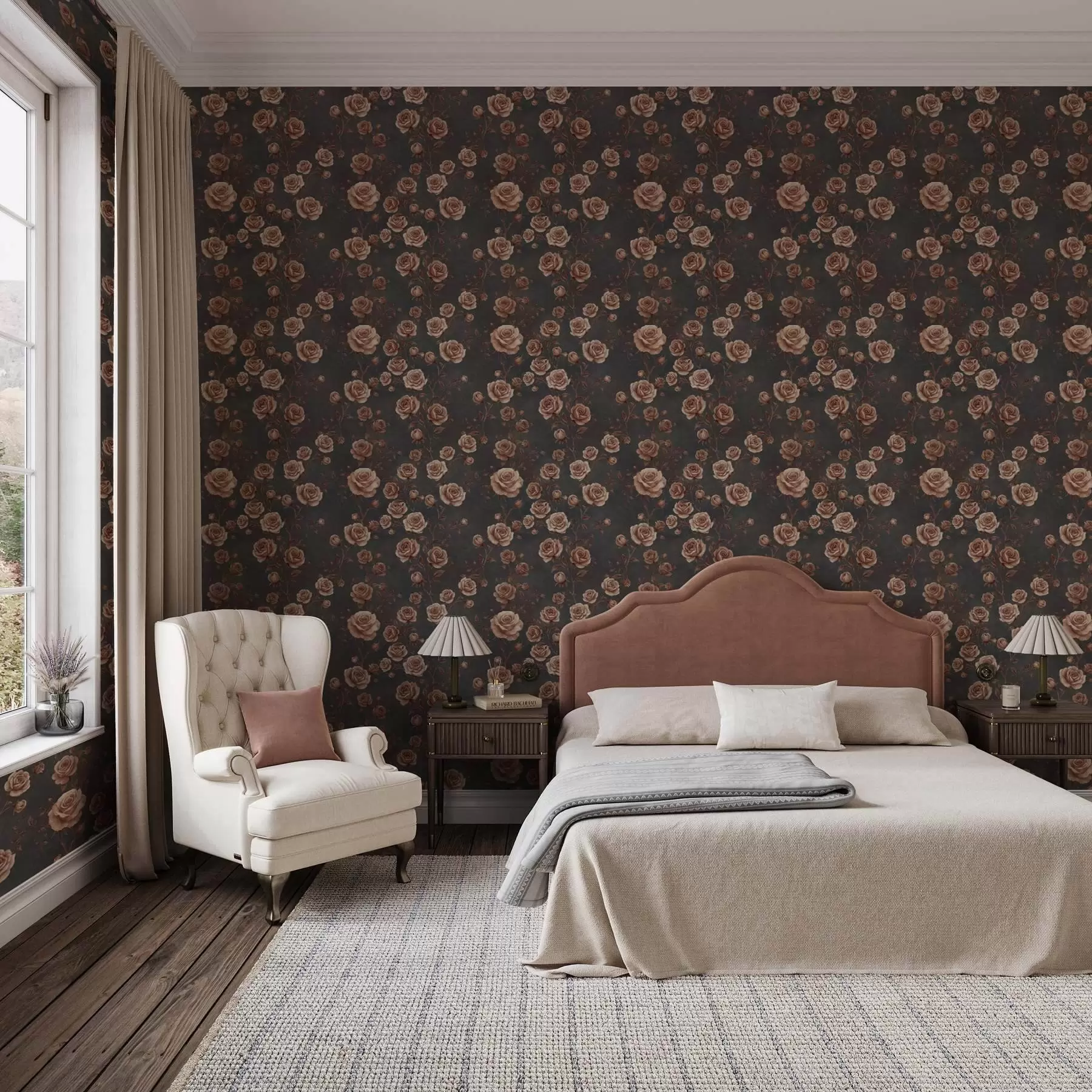 Wall Mural Photo Wallpaper Vintage roses on a graphite background, terracotta palette a00497v1