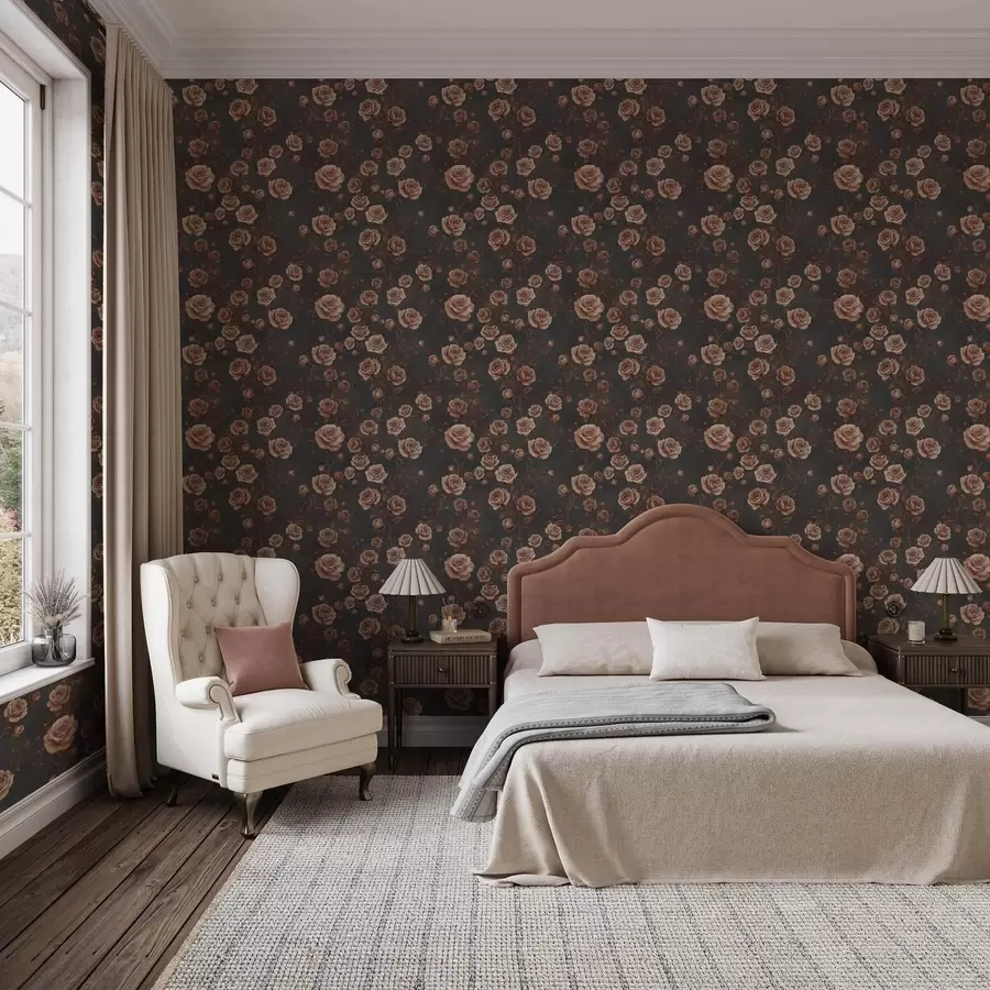 murales Rosas vintage sobre fondo grafito, paleta terracota a00497v1