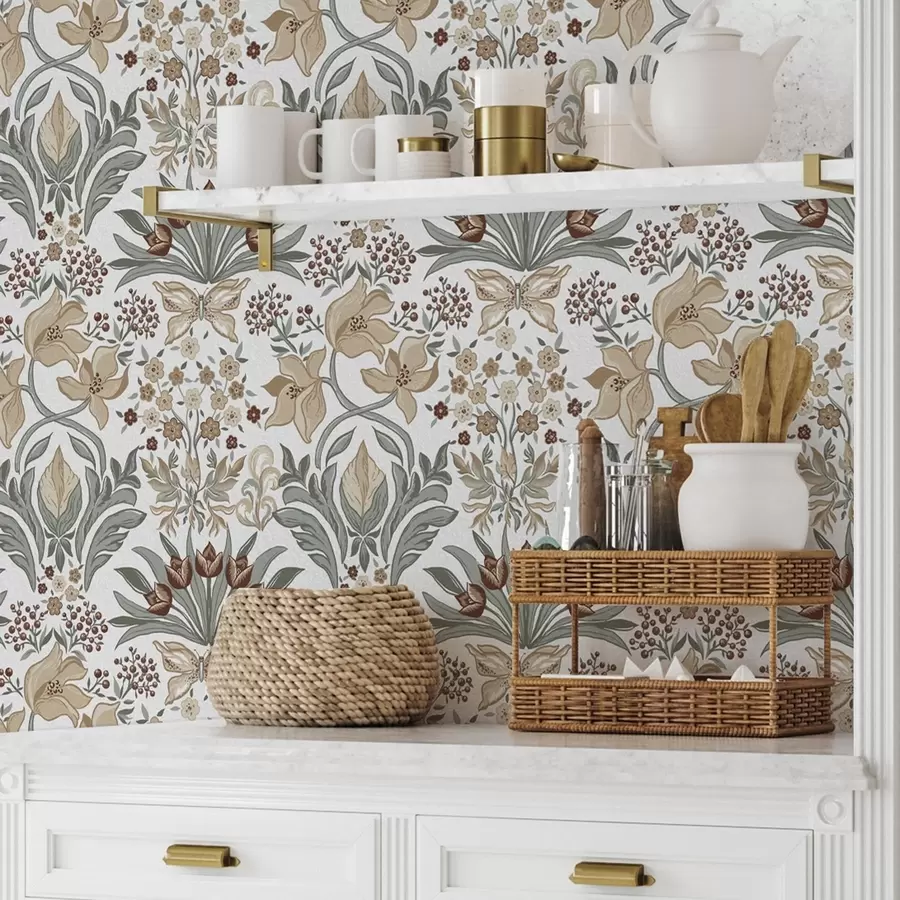 murales Lirios decorativos y una mariposa sobre fondo blanco a00500v1