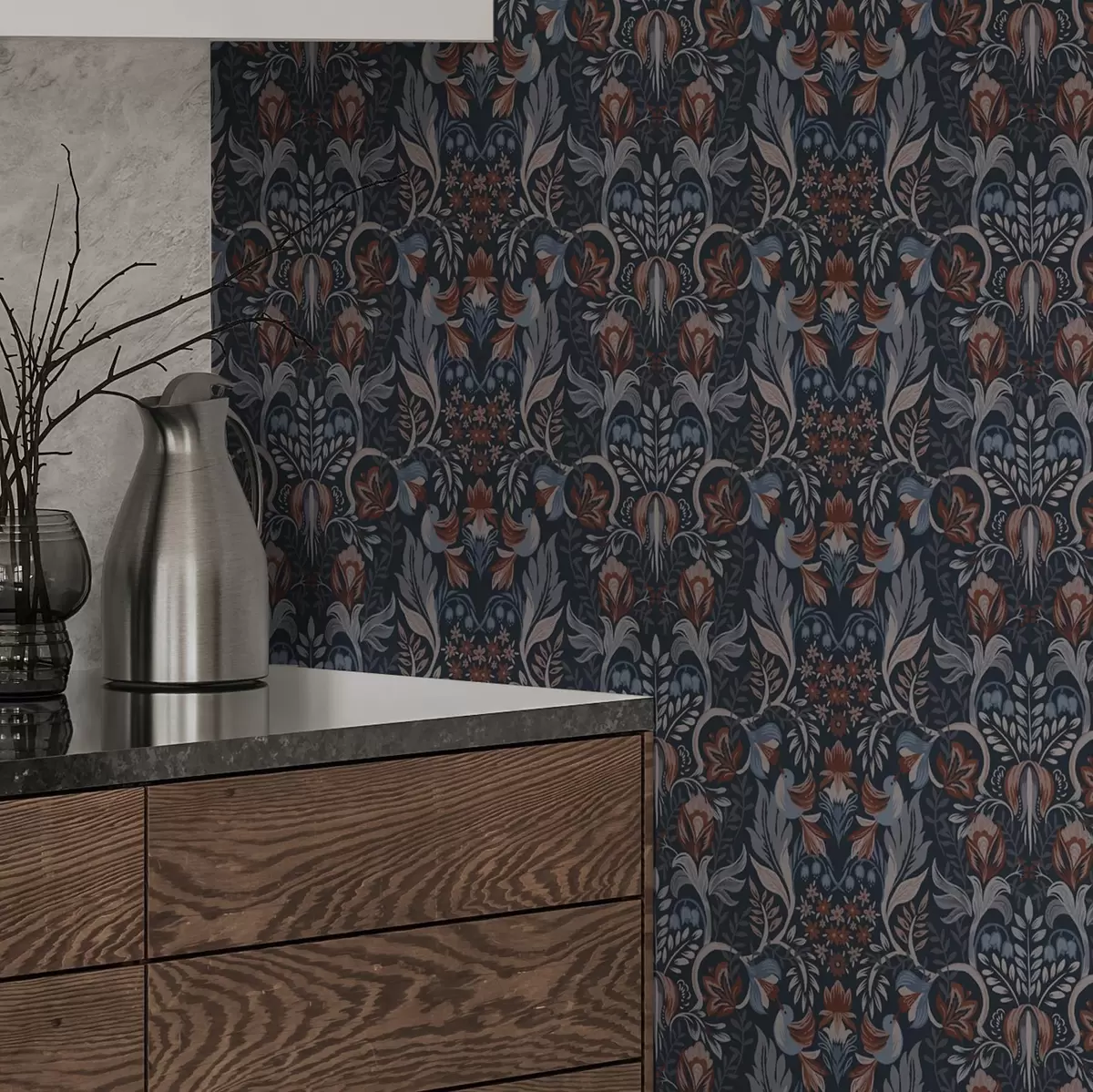 Wallpaper Folk ornament with birds, deep indigo a00502v1