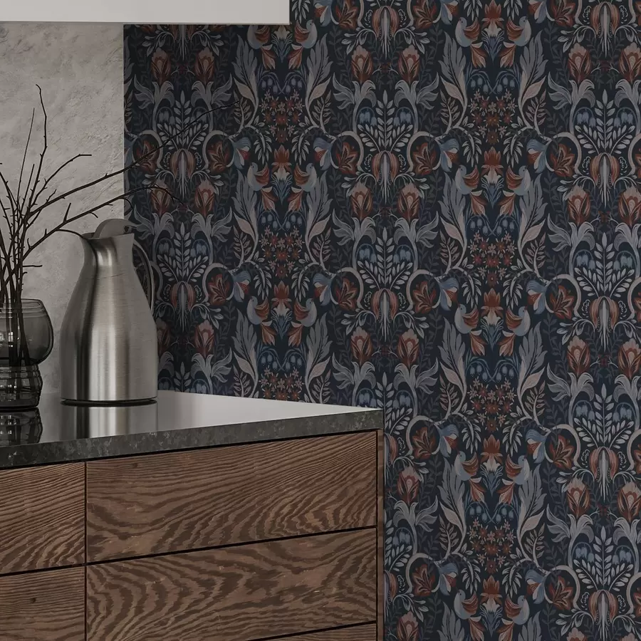 murales Adorno popular con pájaros, índigo intenso a00502v1