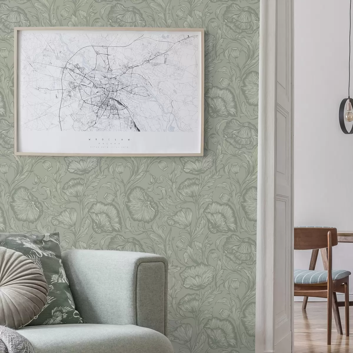 Wallpaper Line-art poppies on a gray-green background a00572v1