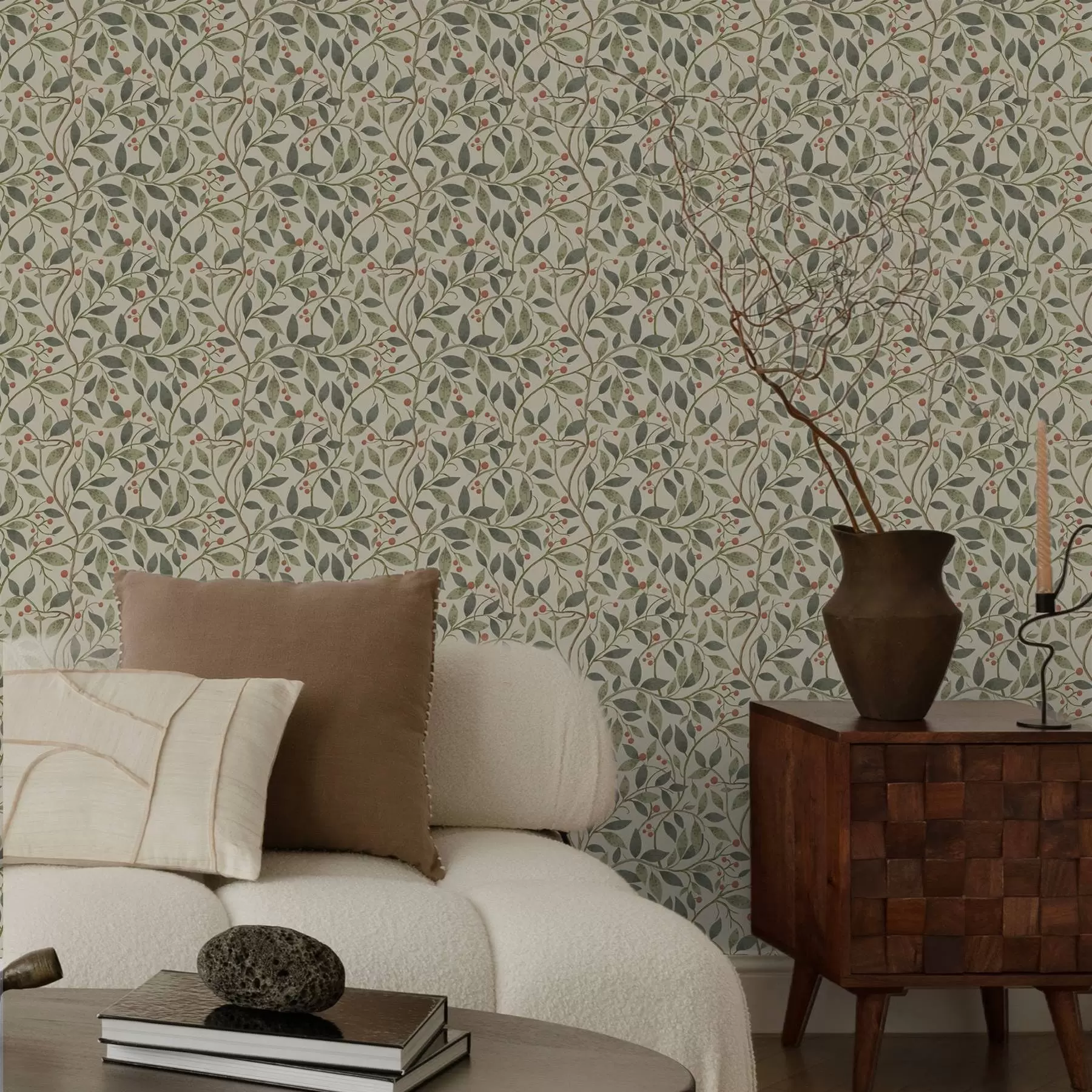 murales Ramas de olivo con bayas sobre un fondo cálido y claro a00573