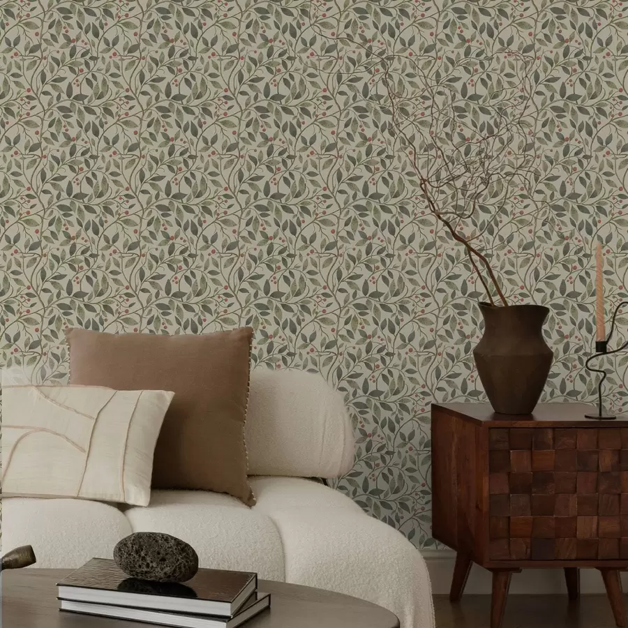 murales Ramas de olivo con bayas sobre un fondo cálido y claro a00573