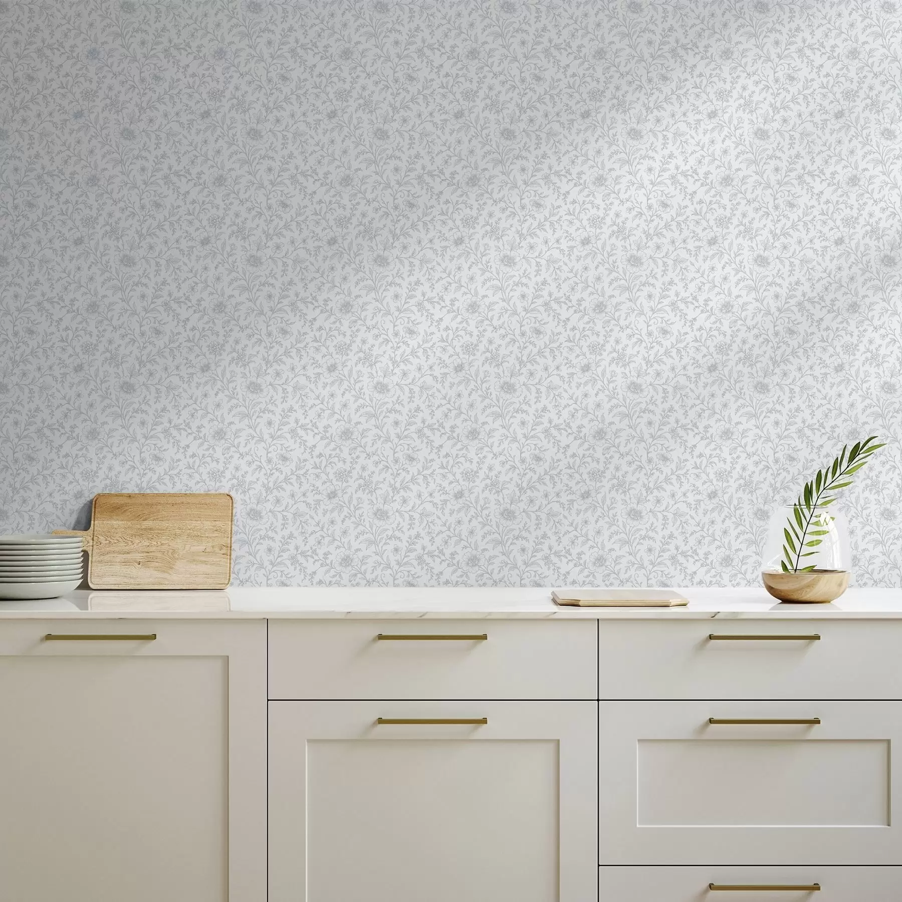 peintures murales Fines fleurs dessinées au trait bleu sur fond blanc cassé a00576