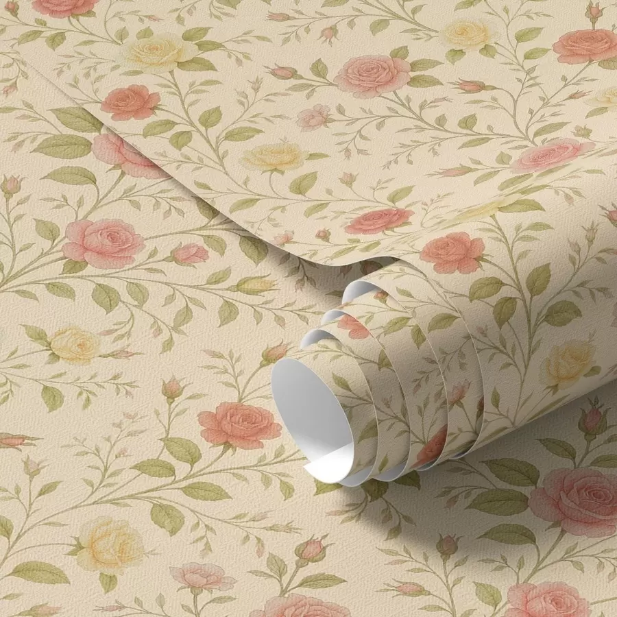 Wall Mural Photo Wallpaper Vintage roses in peach and yellow on a cream background a00577