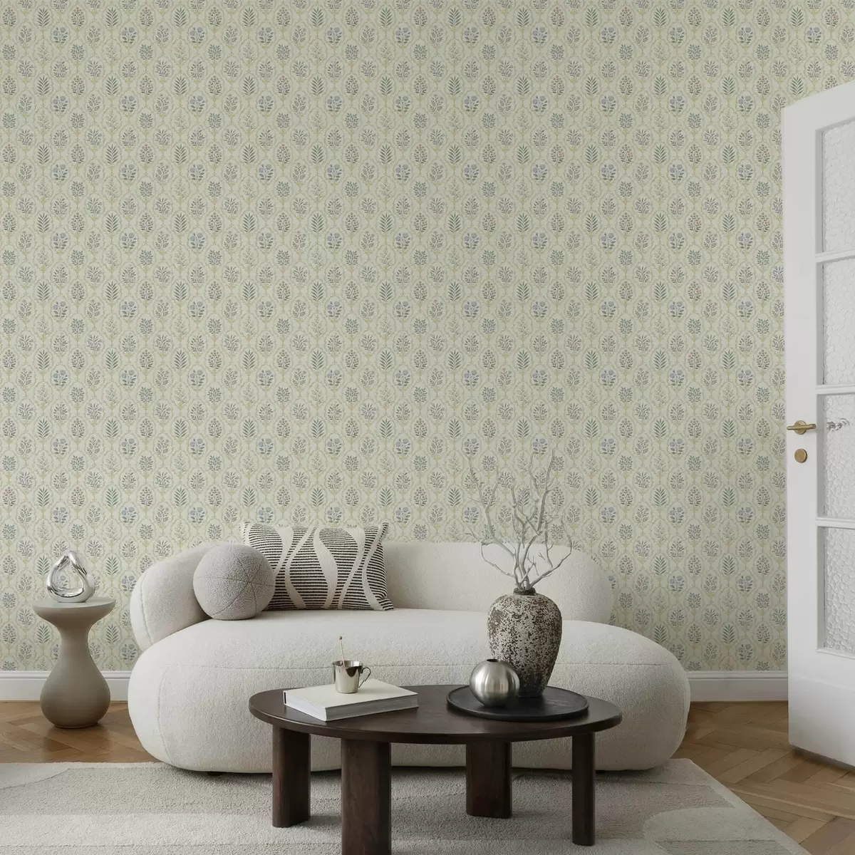 Papier peint Médaillons botaniques dans un treillis, tons pastel a00579