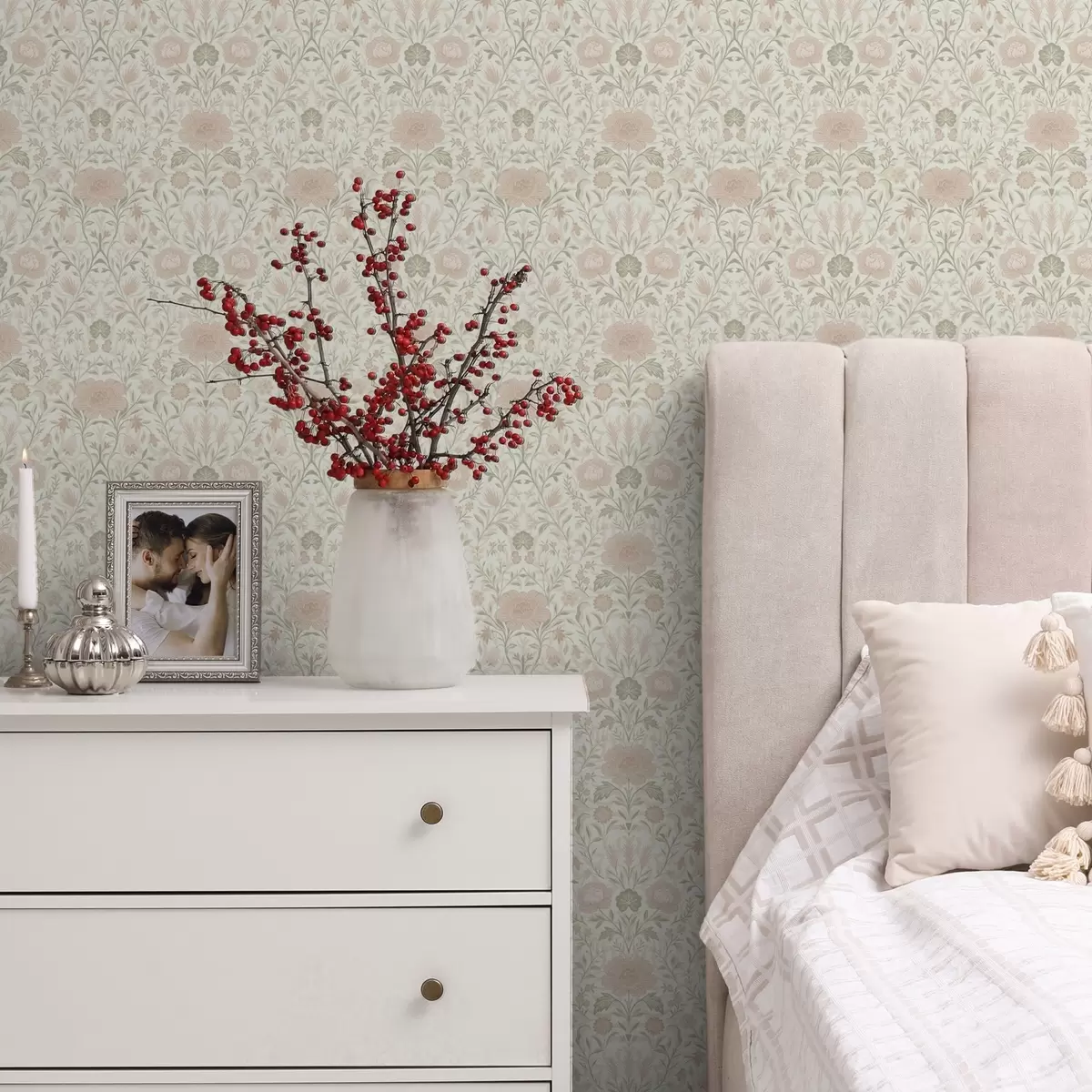 Wallpaper Morris style: peonies and grasses in soft beige-greens a00581