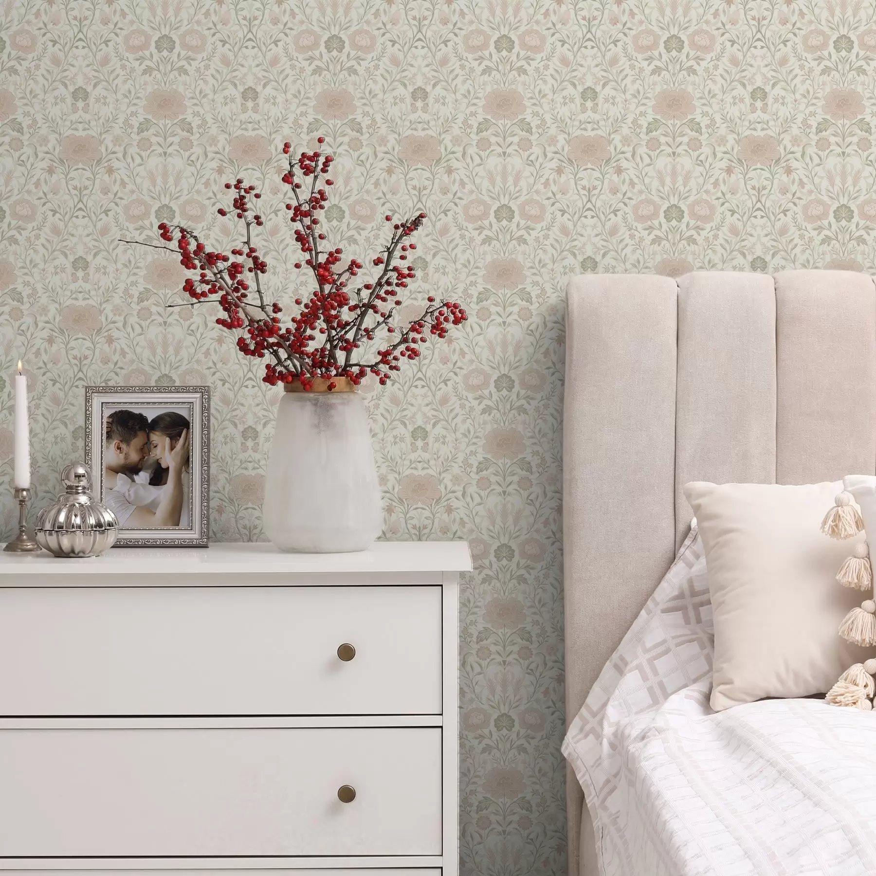 Wall Mural Photo Wallpaper Morris style: peonies and grasses in soft beige-greens a00581
