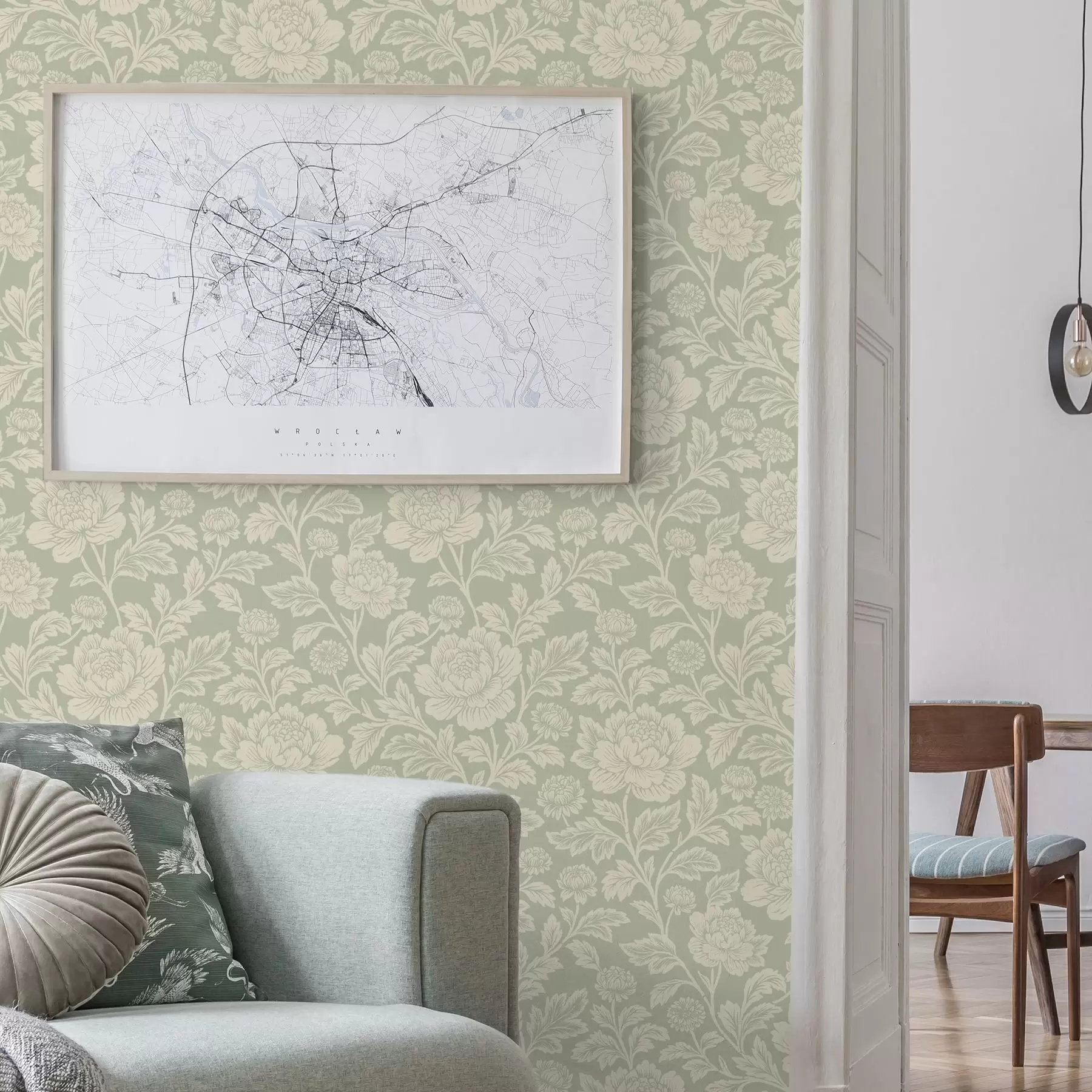 Wall Mural Photo Wallpaper Large line-art peonies on a sage background a00582