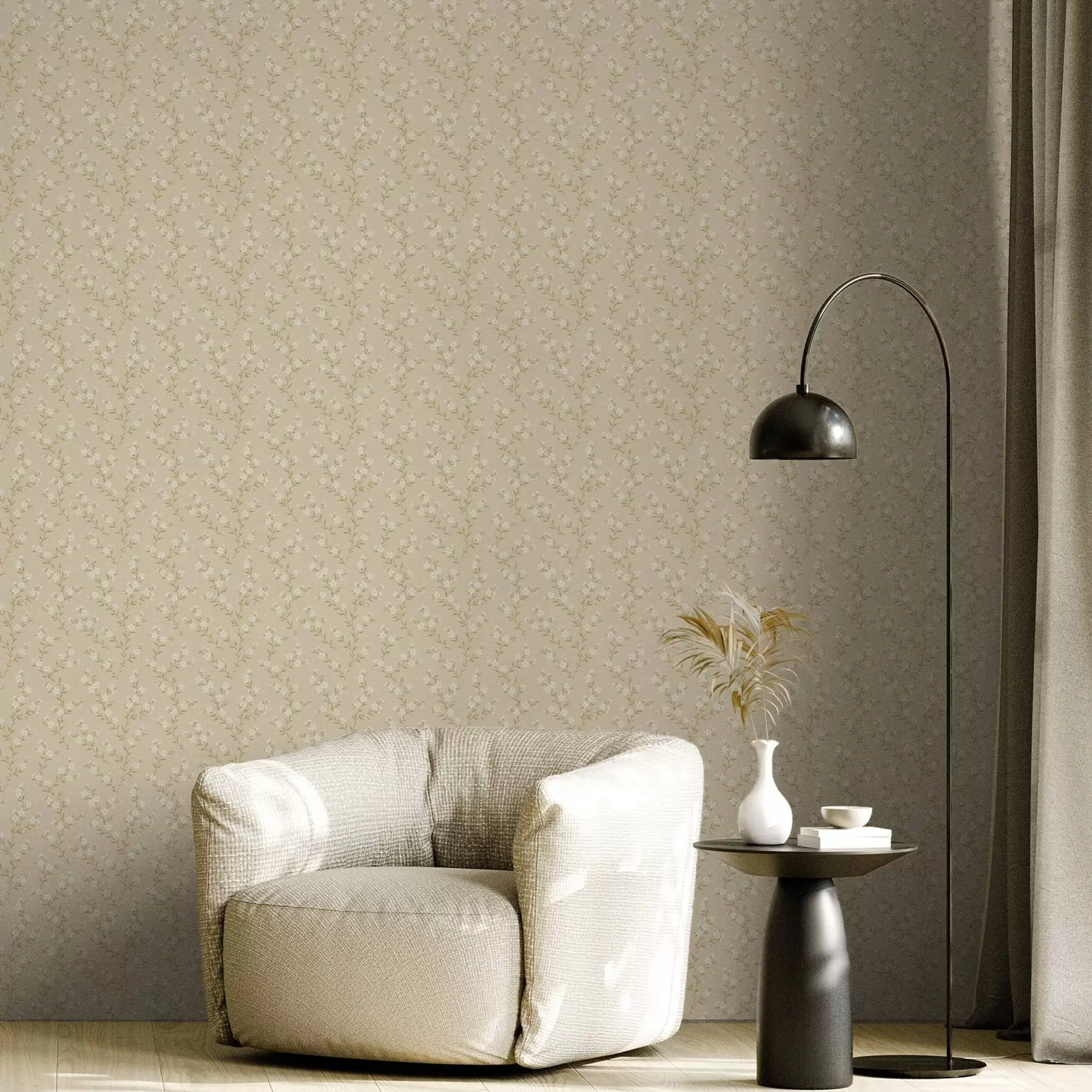 wall murals Small white sprigs on a beige linen background a00584