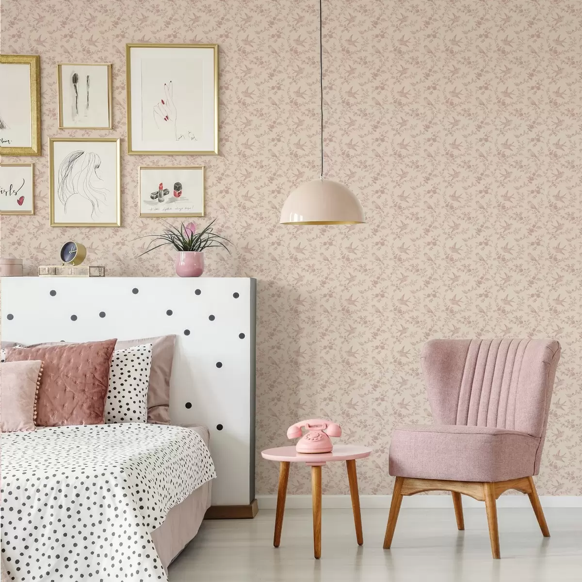 Papel pintado Pájaros y rosas, estampado vintage en rosa empolvado a00587