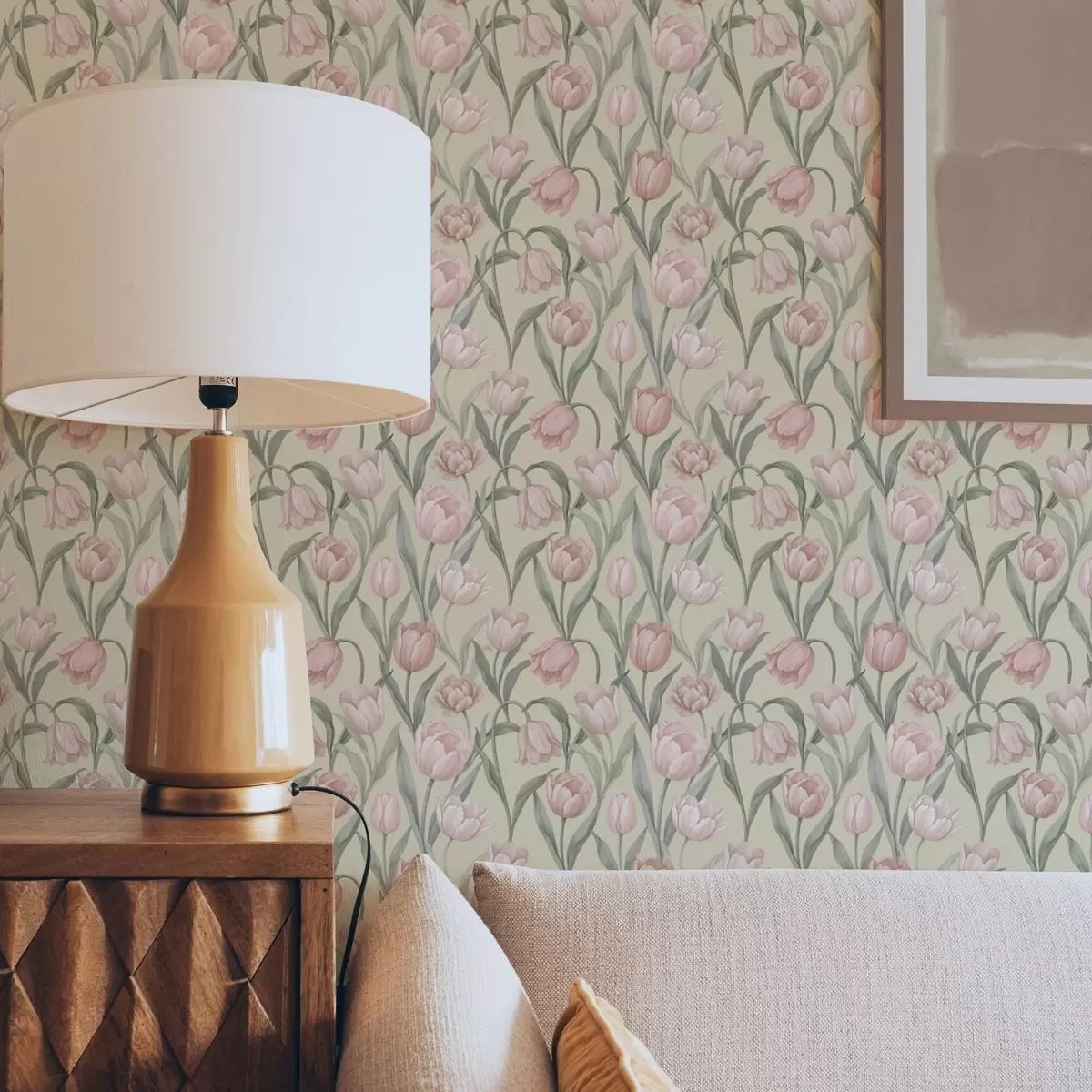 Wallpaper Soft pink tulips on a gentle beige background a00589