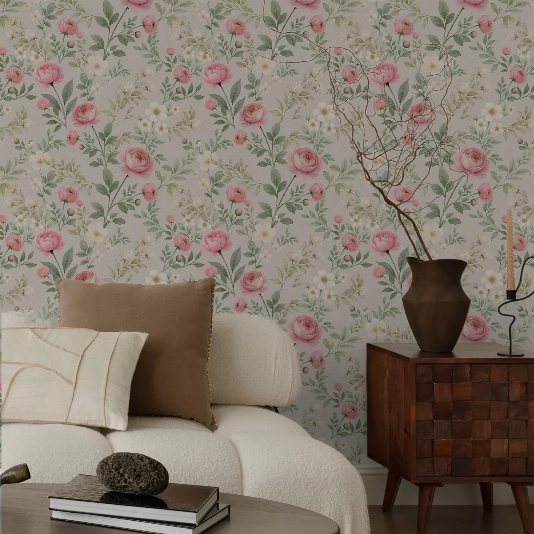 peintures murales Pivoines aquarellées et fleurs blanches sur fond gris-beige a00592