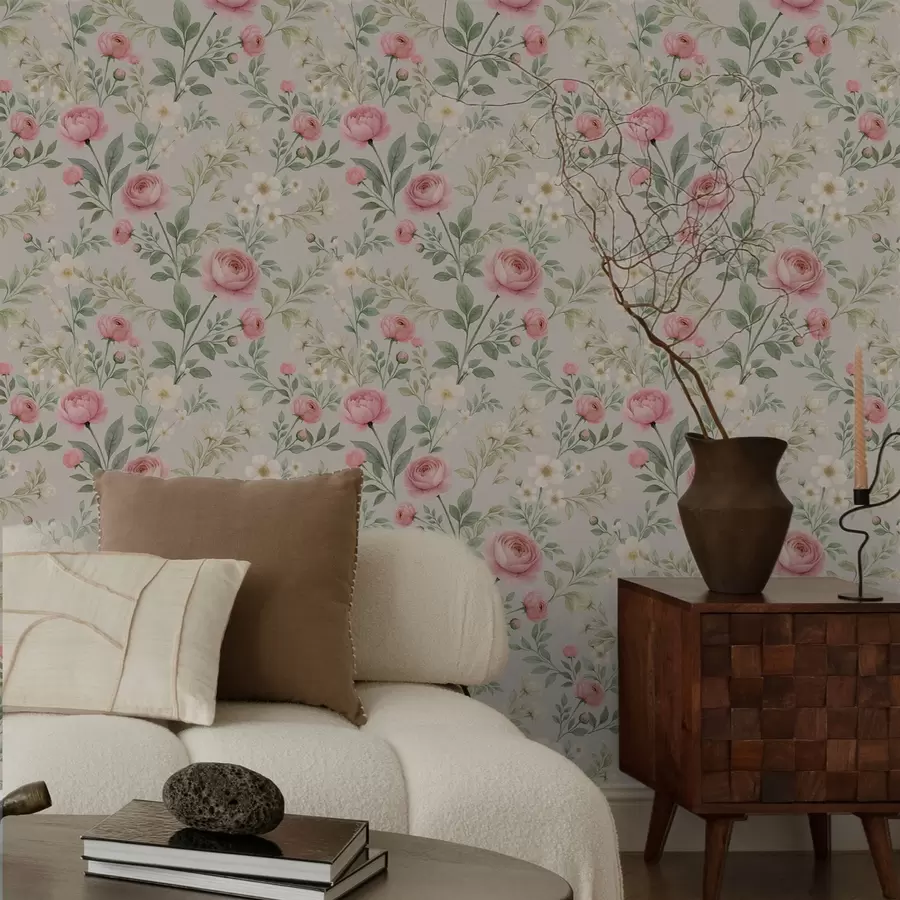 wall murals Watercolor peonies and white flowers on gray-beige a00592